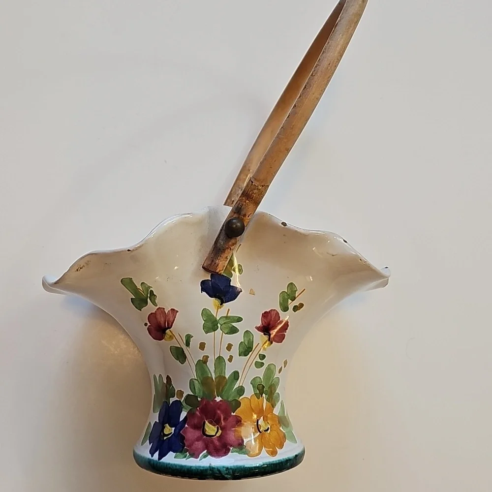 Vintage Hand Painted Italy Made Ceramic Basket with Wicker Bamboo Handle Rustic